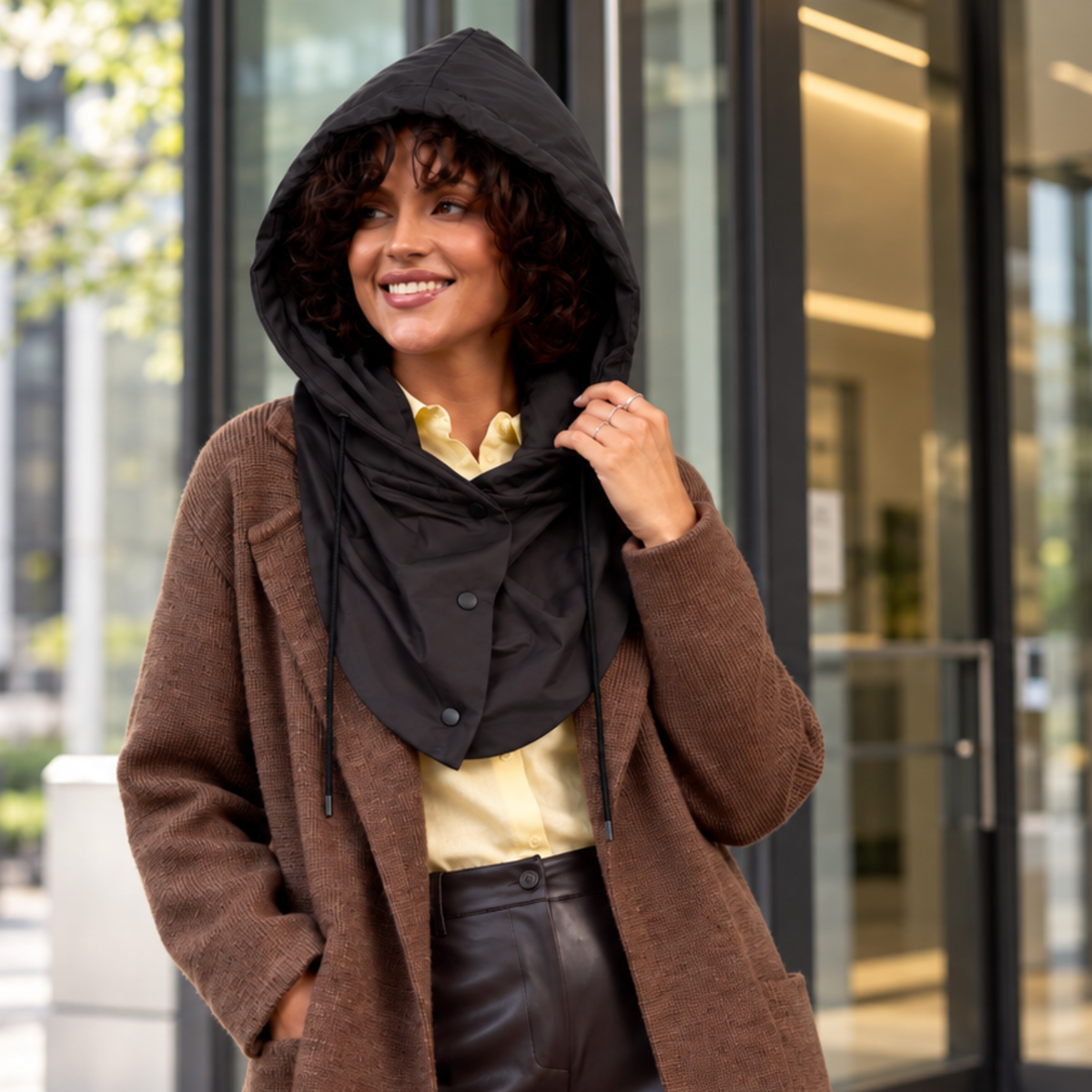 Hooded scarf styled as part of an everyday fall outfit