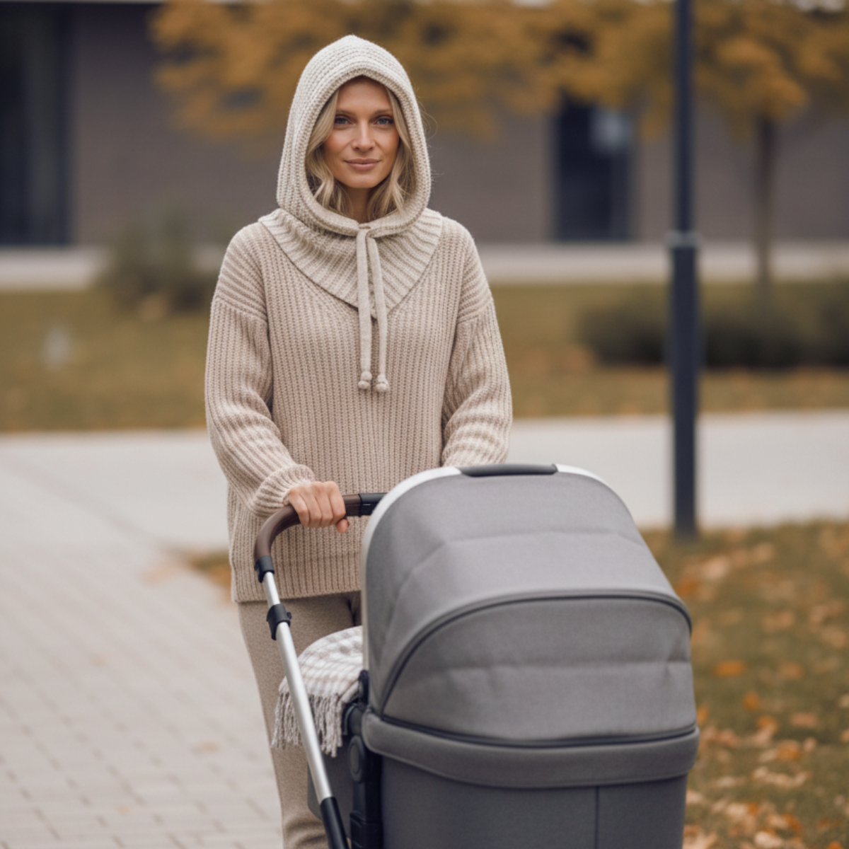 Woman dressed in comfortable layered knitwear for an outdoor stroller walk