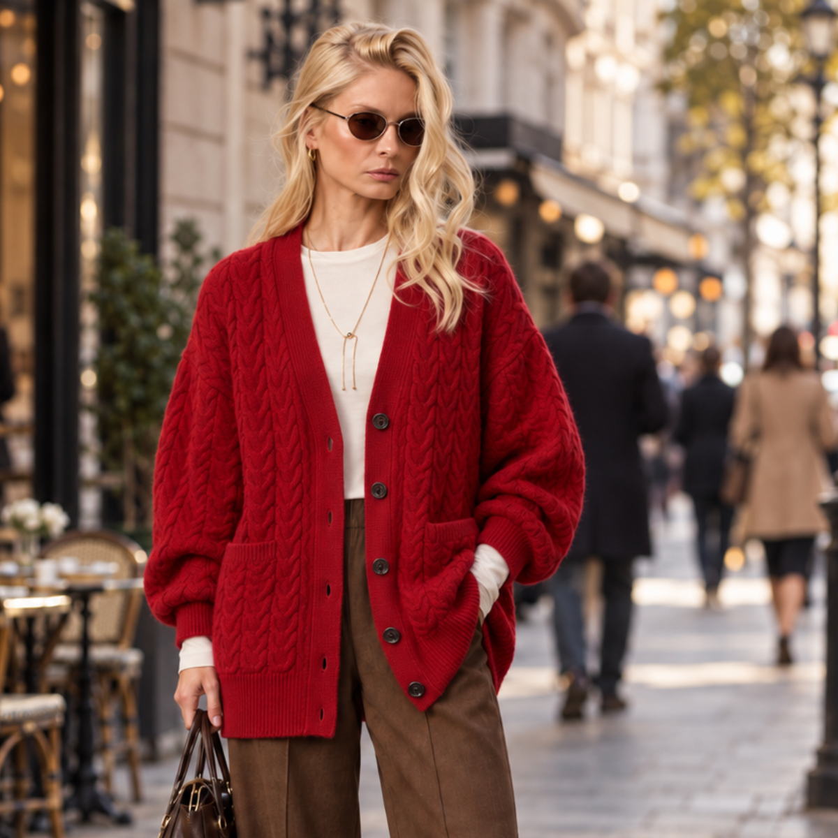 Woman wearing a red oversized cardigan over a cream long sleeve top on a city street