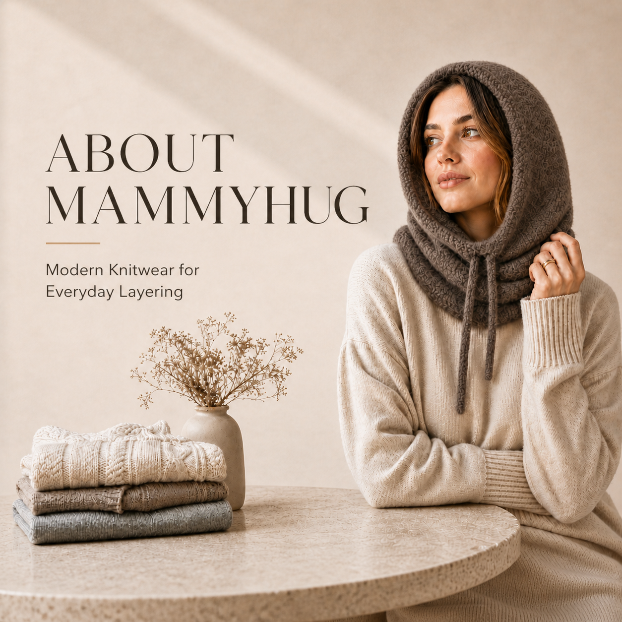 Woman wearing modern MammyHug knitwear and a hooded scarf for everyday layering