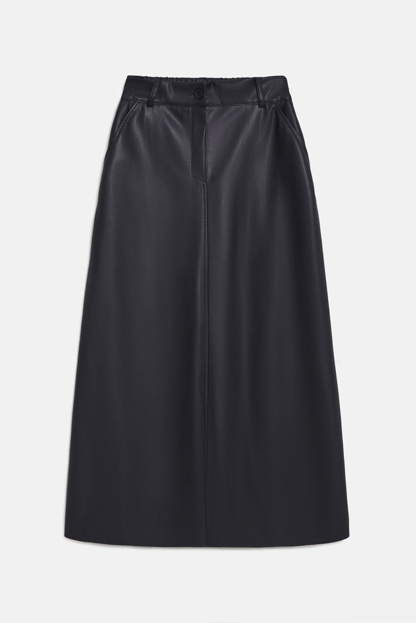 Faux Leather A-Line Midi Skirt with Pockets