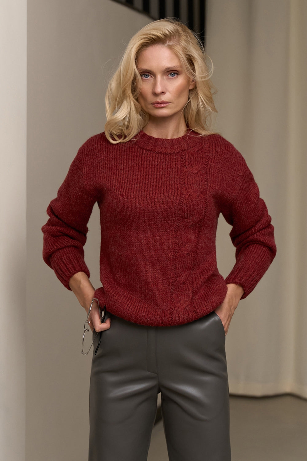 Kid mohair cable knit sweater with ribbed cuffs and hem