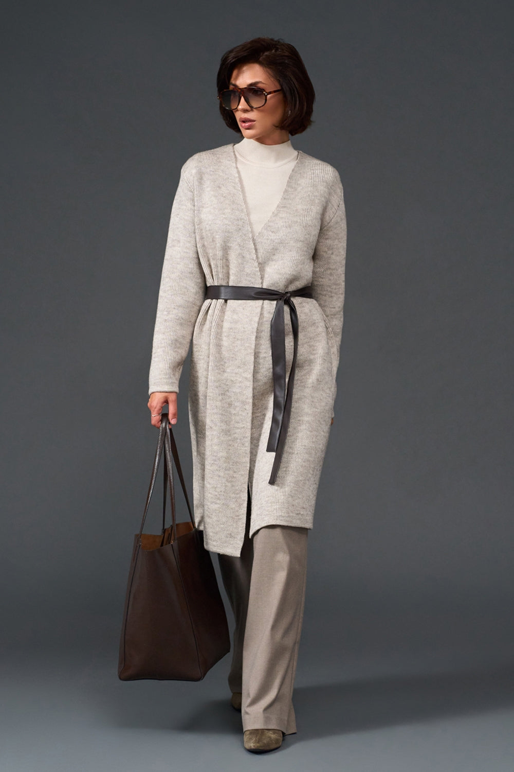 Long Wool Knit Wrap Cardigan with Faux Leather Belt