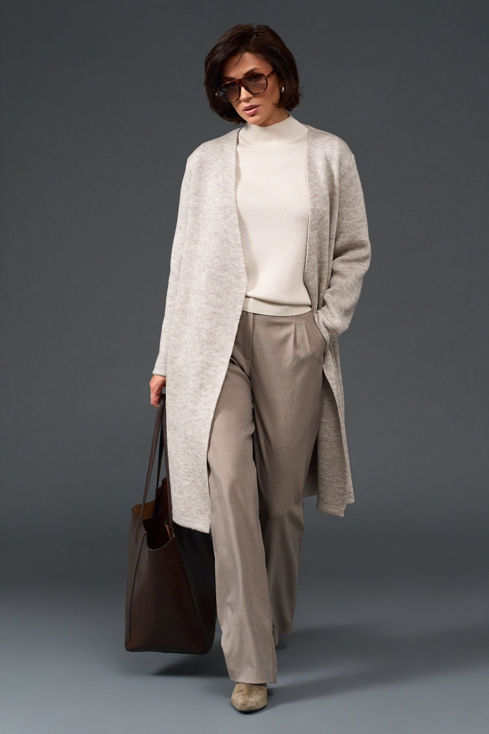 Long Wool Knit Wrap Cardigan with Faux Leather Belt