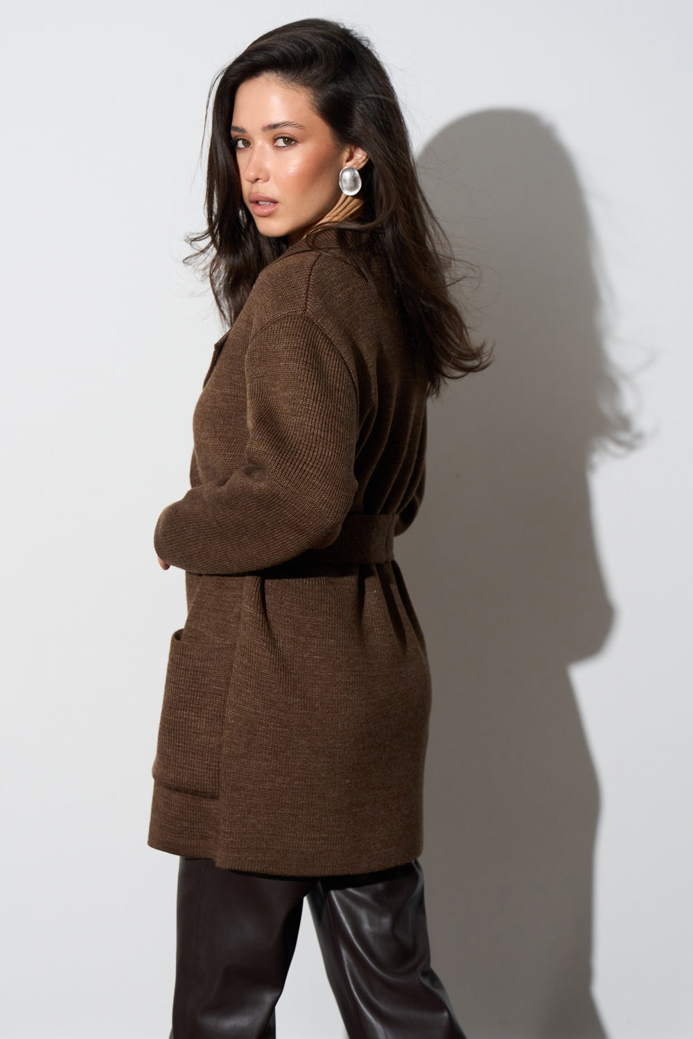Wool Knit Belted Cardigan Coat with Lapel Collar