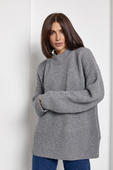 100% Merino Wool Oversized Rib Knit Turtleneck Sweater, Heather Gray