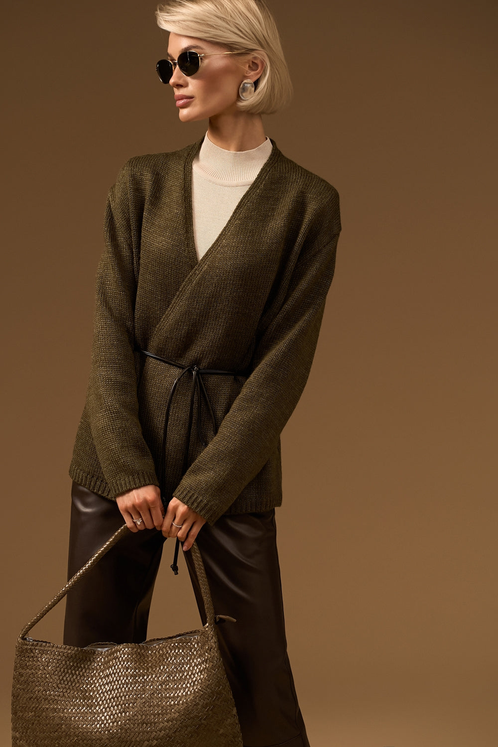 Women’s Wool Knit Wrap Cardigan with Faux Leather Tie Belt