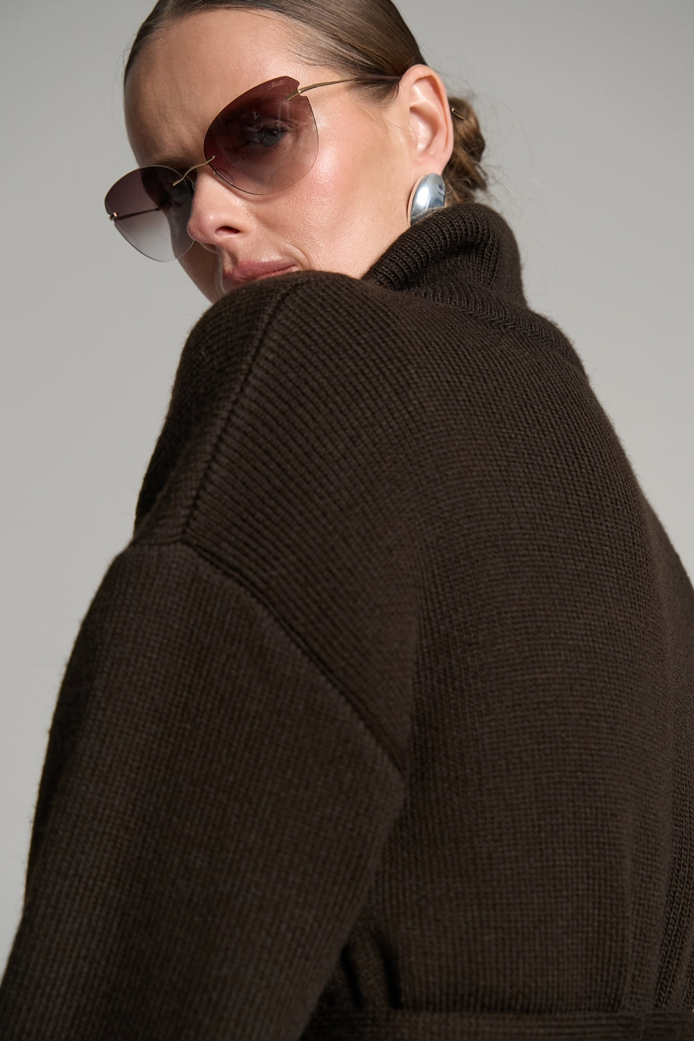 Wool Knit Wrap Coat with Belt and Double Collar