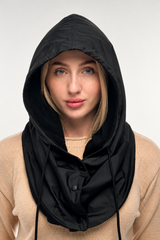 Black waterproof rain hooded scarf with fleece lining worn over outerwear