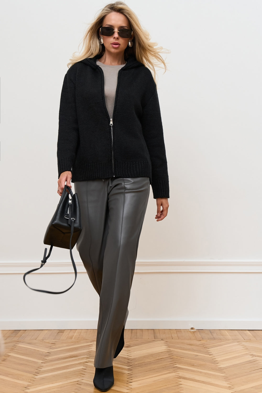 Women’s Alpaca Wool Hooded Zip Cardigan with Ribbed Trim