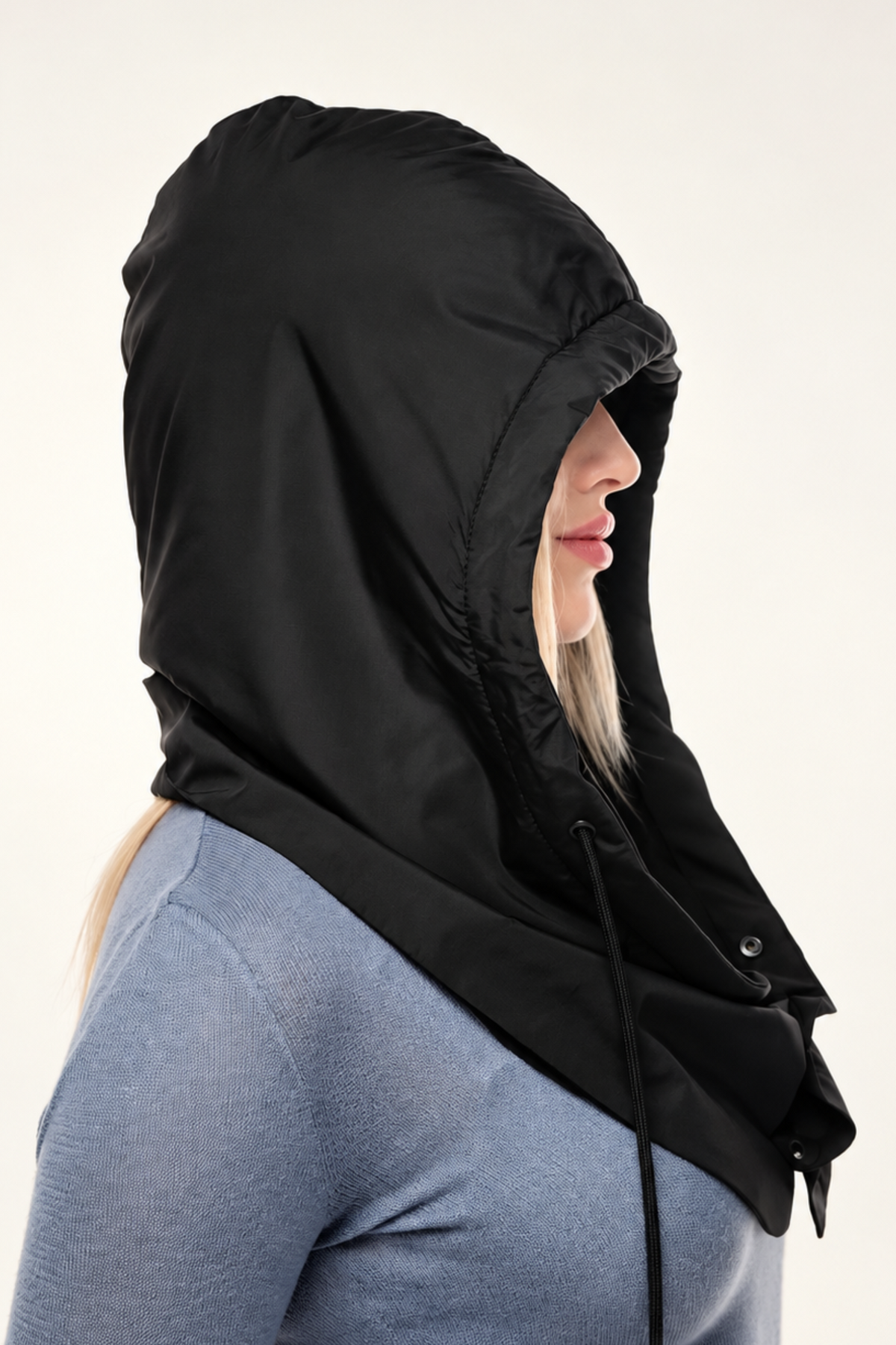 Black satin-lined hooded scarf showing full head and neck coverage