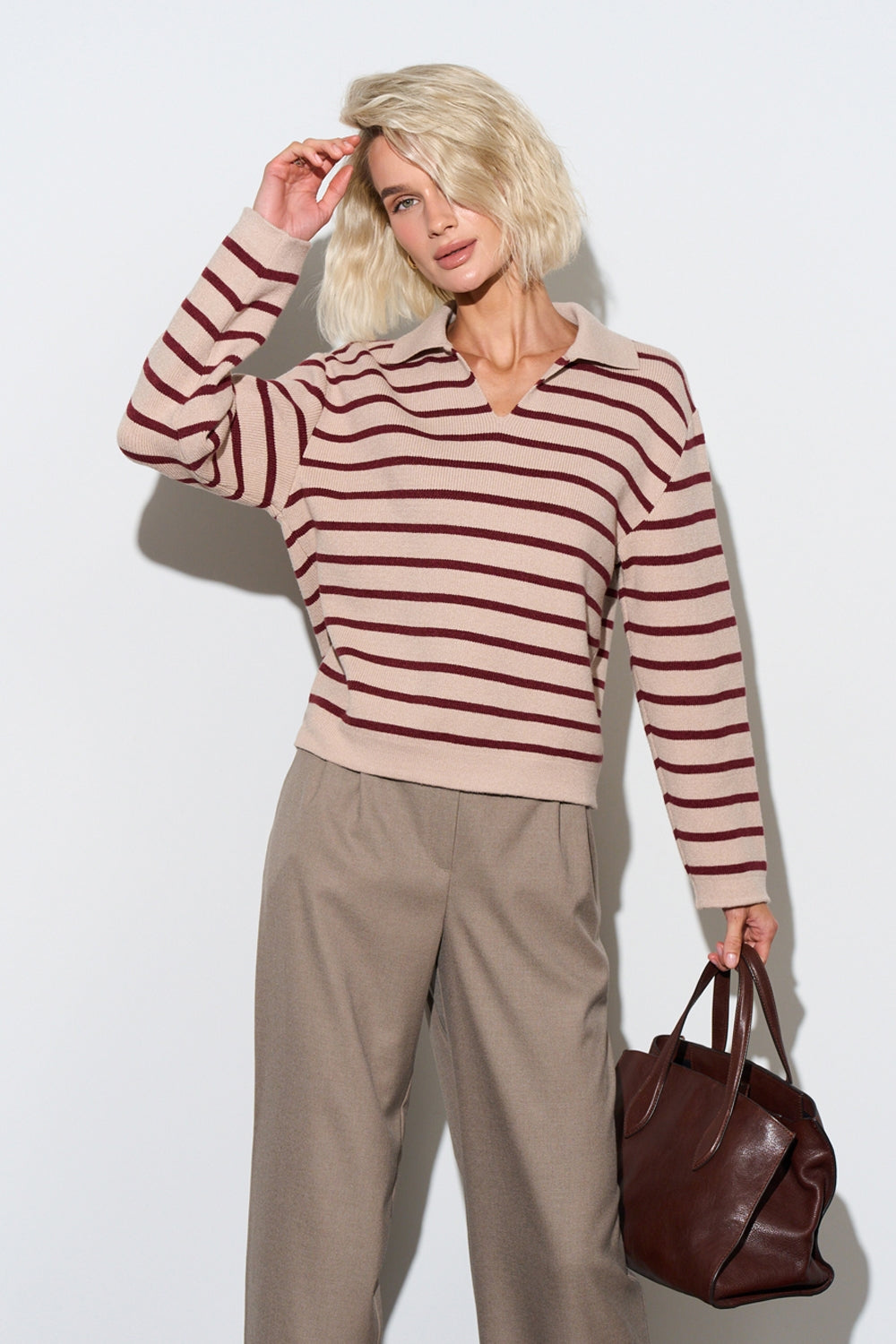 Striped Modal & Silk Relaxed Polo Sweater