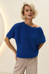 Boat Neck Cotton Knit Sweater With Batwing Sleeves, Royal Blue