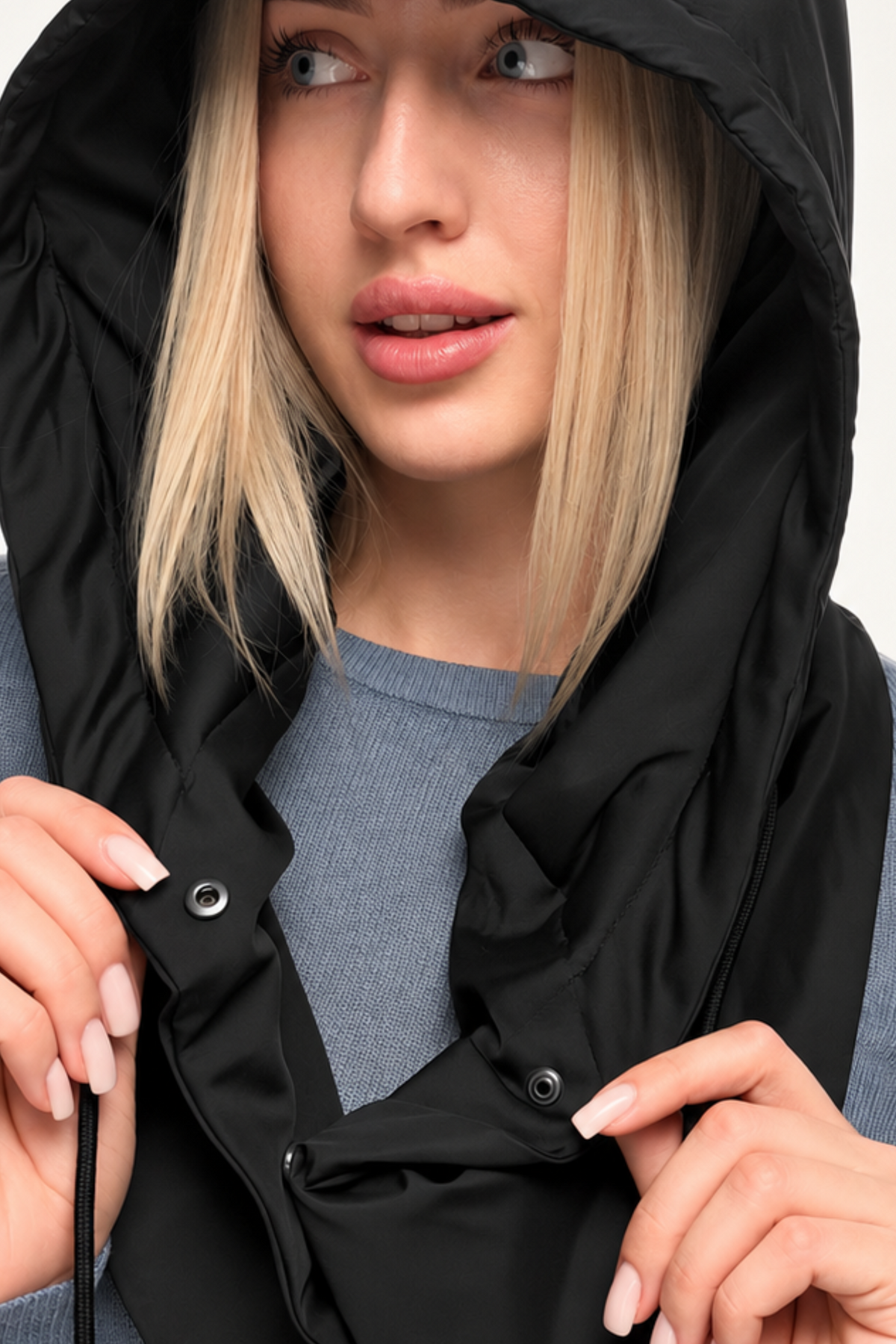 Black waterproof hooded scarf with smooth satin lining and foldable design