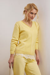 Women’s Textured Cotton V-Neck Sweater, Soft Yellow