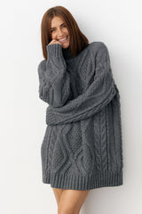 Oversized Wool Cable Knit Turtleneck Sweater, Dark Gray