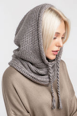 Gray-beige knit hooded scarf with drawstring for cold-weather layering