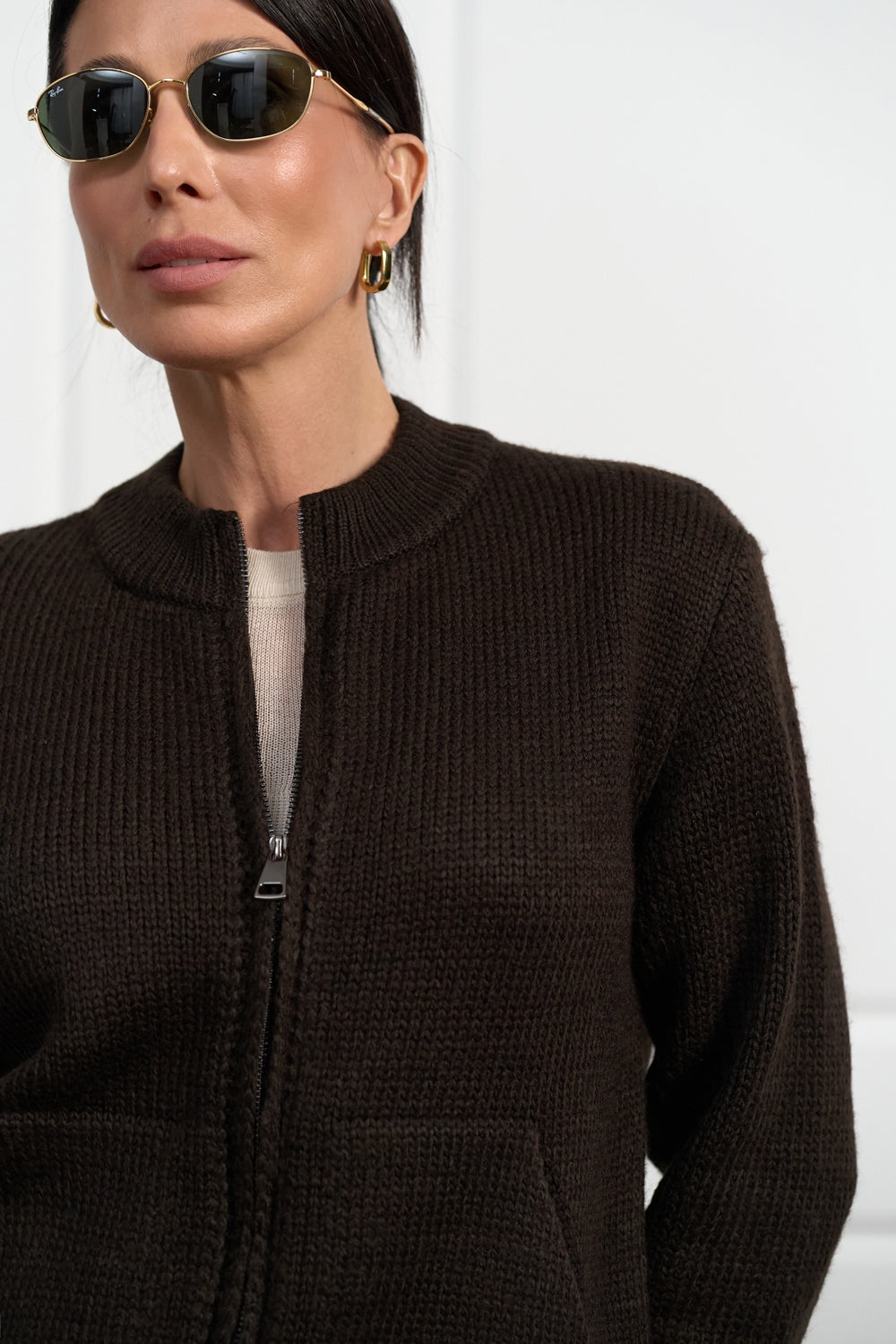 Wool Alpaca Zip Knit Cardigan with Stand Collar