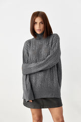 Cable Knit Oversized Turtleneck Sweater, Dark Gray