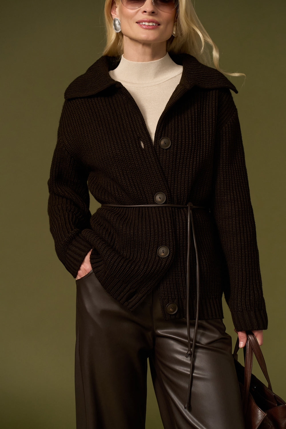 Relaxed wool knit cardigan with ribbed cuffs and hem