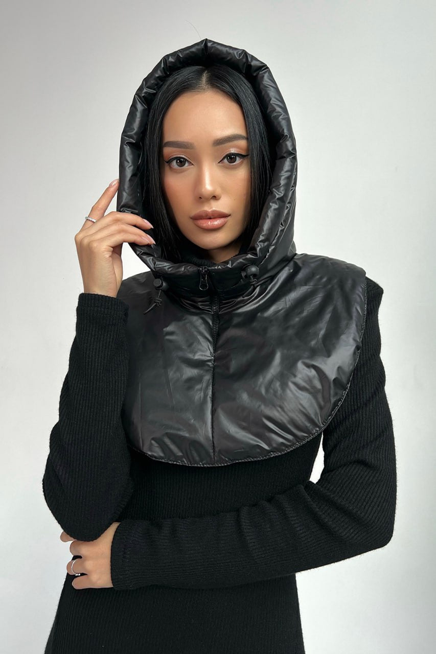 Waterproof Hooded Scarf With Zipper and Drawstring, Black