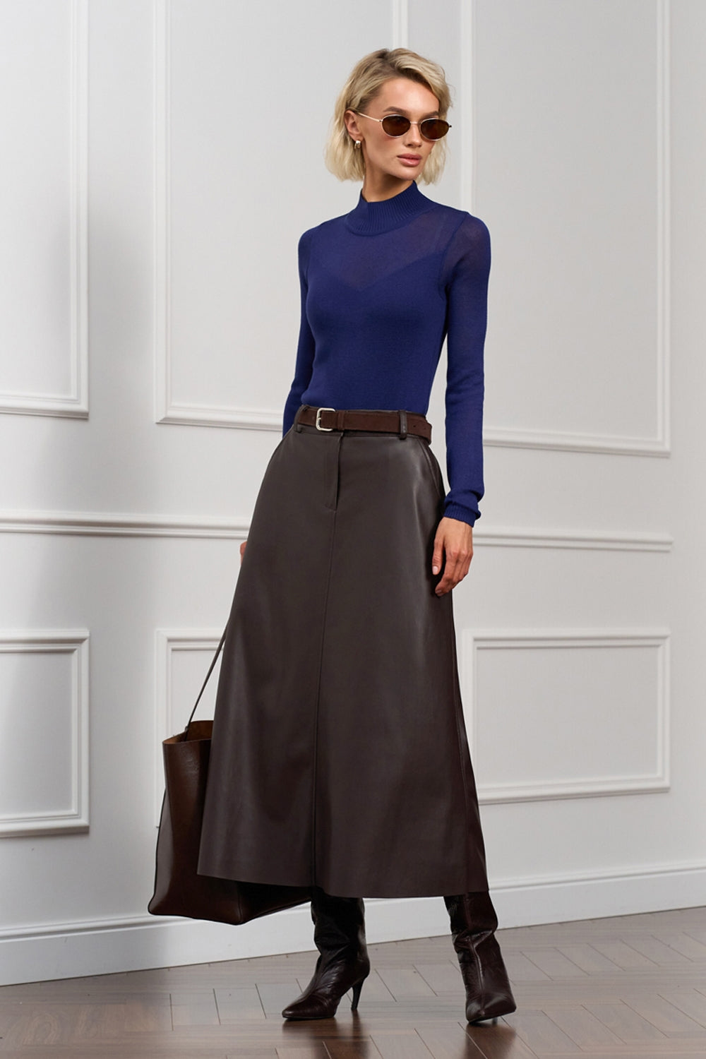 Faux Leather A-Line Midi Skirt with Pockets