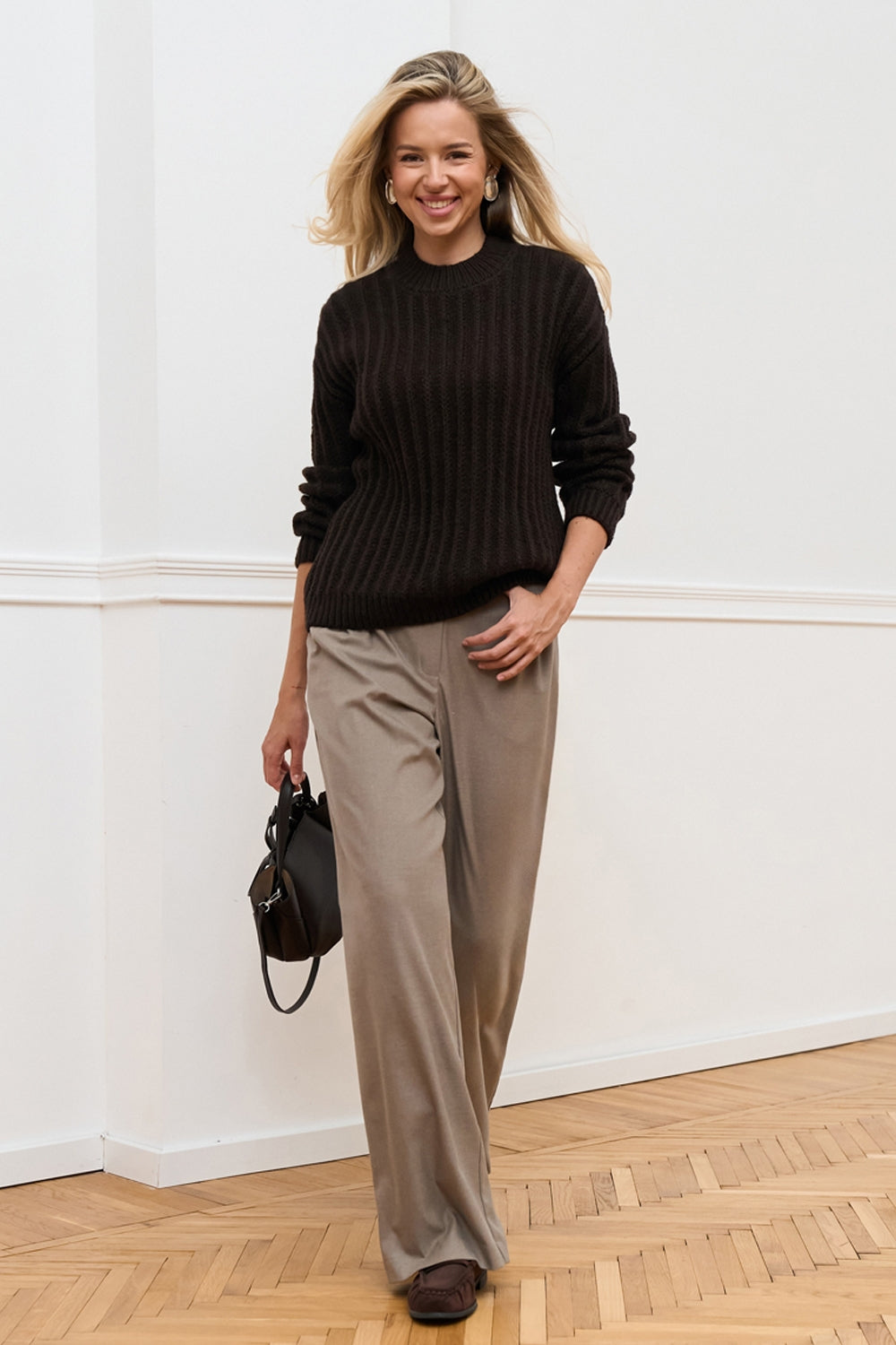 Relaxed wool alpaca crew neck sweater with textured knit