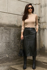 Faux Leather Midi Skirt with Elastic Back Waist