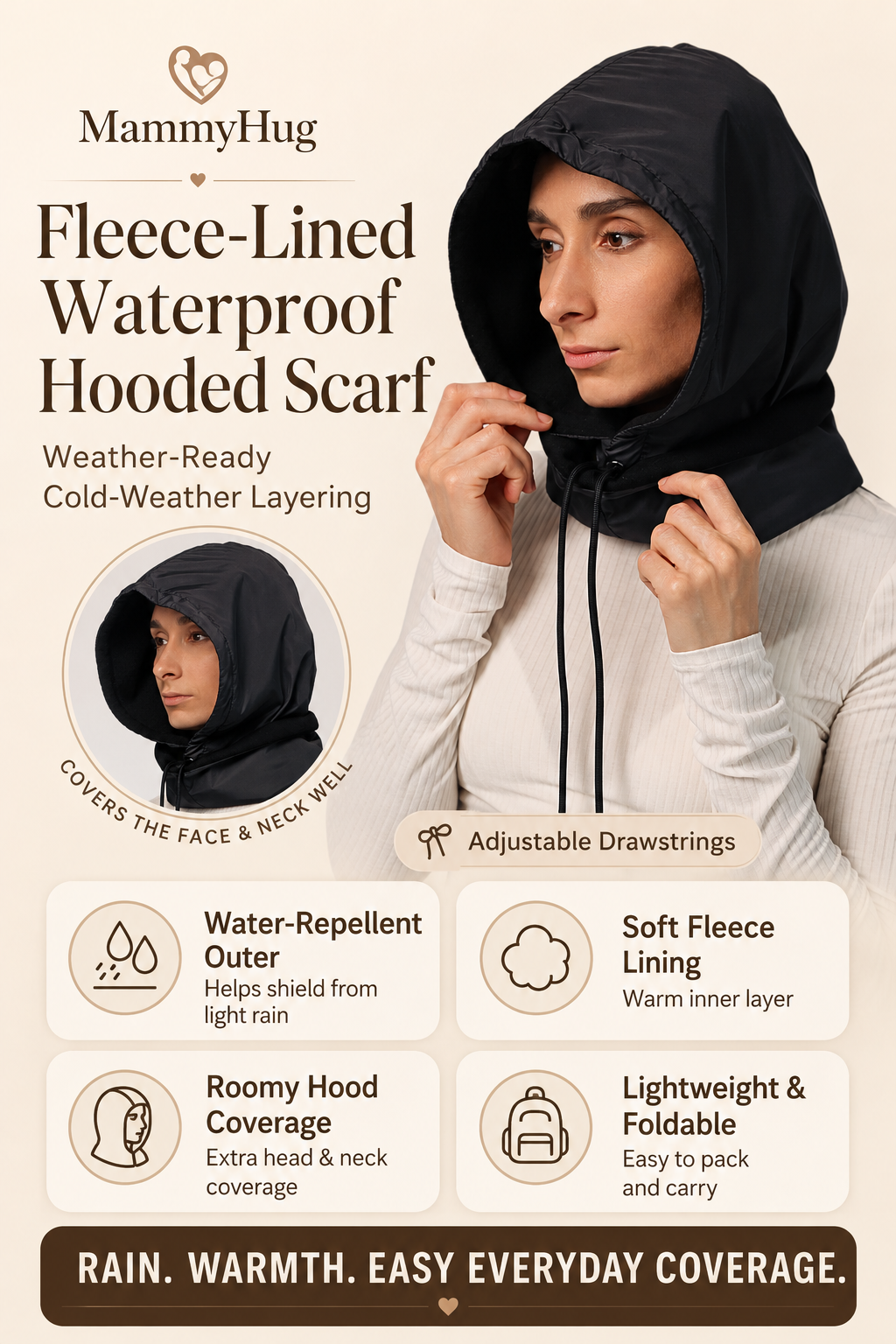 Fleece-Lined Waterproof Hooded Scarf