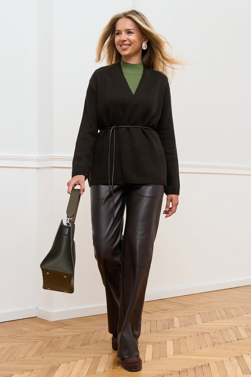 Women’s Wool Knit Wrap Cardigan with Faux Leather Tie Belt