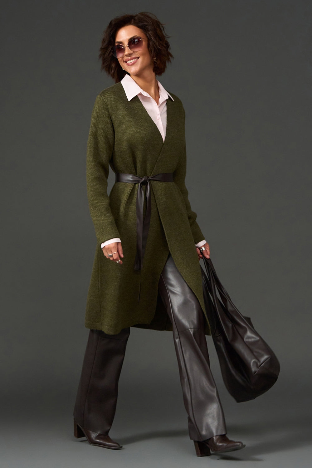 Long Wool Knit Wrap Cardigan with Faux Leather Belt