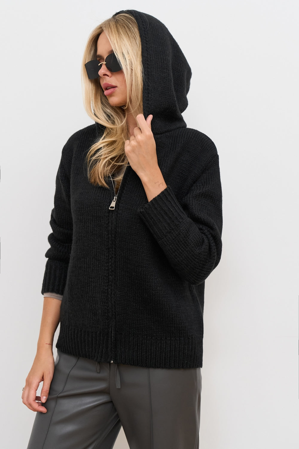 Women’s Alpaca Wool Hooded Zip Cardigan with Ribbed Trim