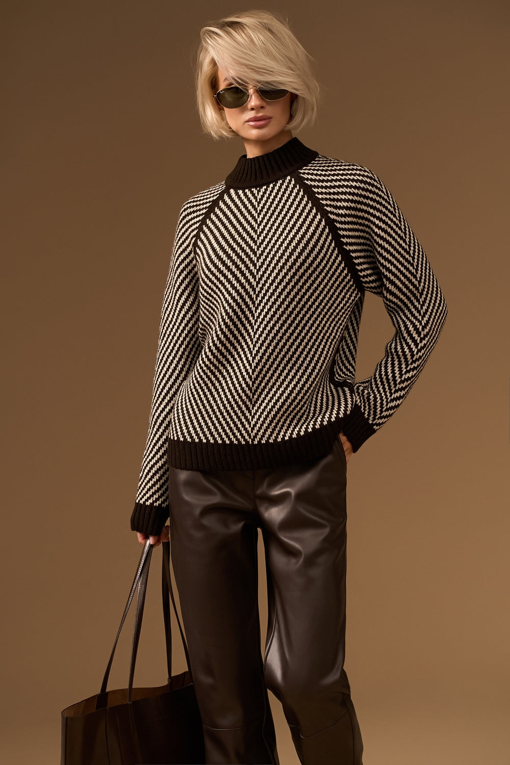 Women’s Wool Chevron Knit Raglan Sweater with Stand Collar