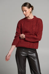 Merino Kid Mohair Sweater with Cable Knit Pattern, Burgundy Red