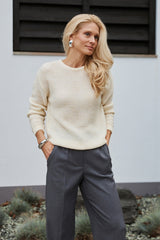 Merino Alpaca Mohair Textured Crew Neck Sweater, Light Lemon