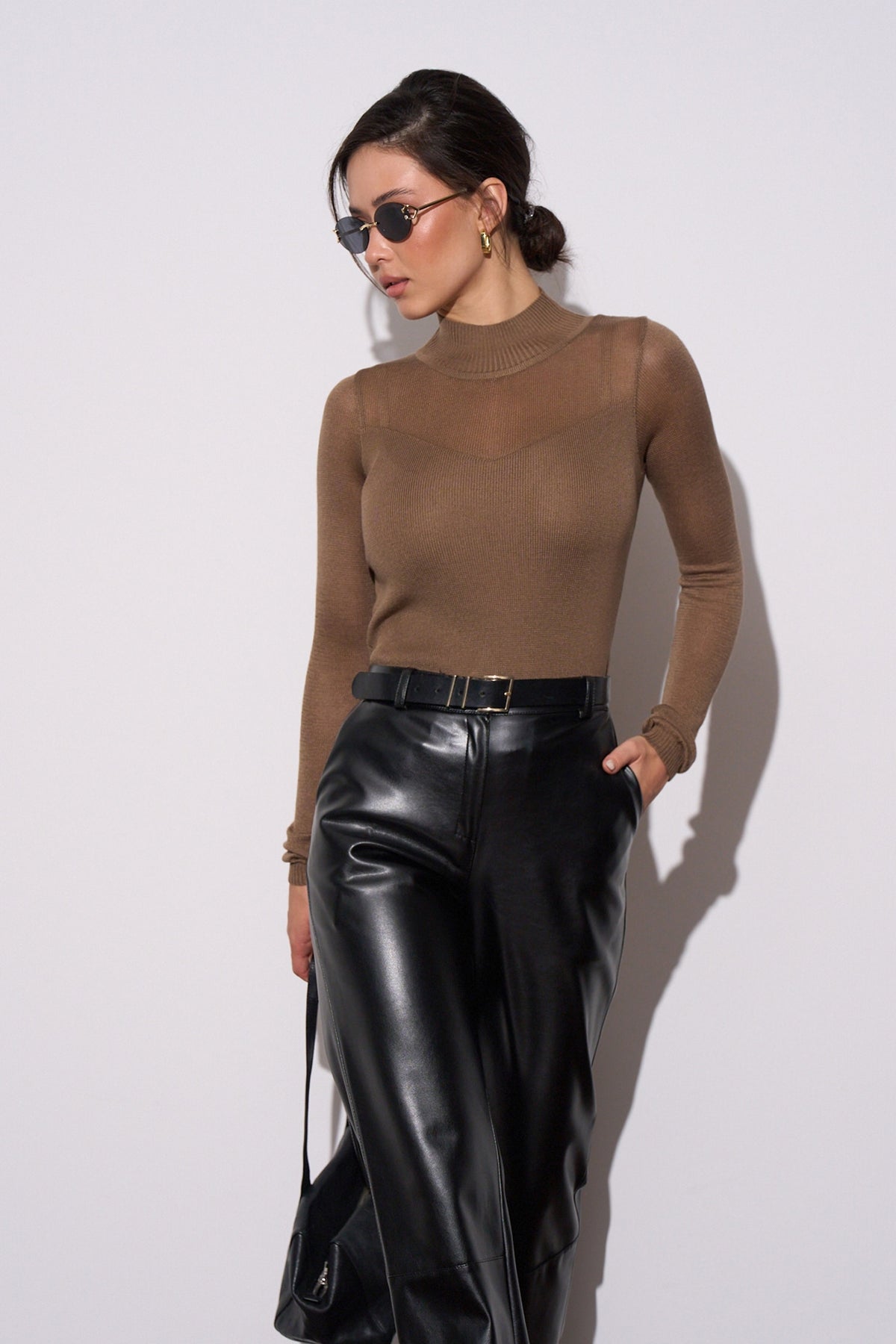 Semi-Sheer Knit Long Sleeve Top with Accent Neckline
