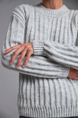Cropped Merino Alpaca Wool Sweater with Vertical Knit, Light Gray