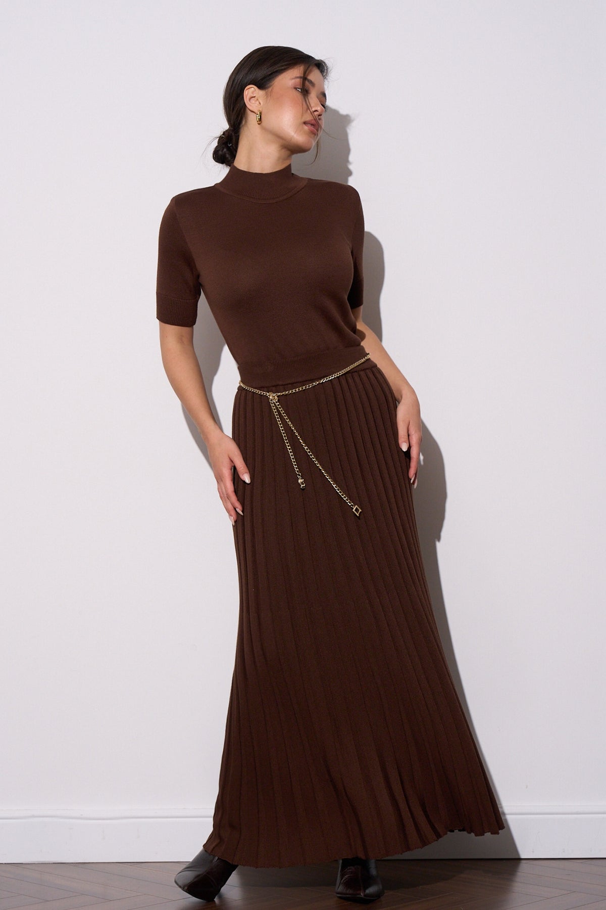 Cotton Knit Pleated Midi Skirt
