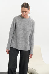 Wool Textured Knit Crew Neck Sweater with Side Slits, Gray