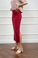 Knit Midi Cotton Bamboo Skirt with Side Slits, Crimson Red