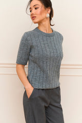 Short Sleeve Ribbed Knit Sweater with Alpaca and Merino, Gray