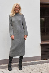 Wool Midi Sweater Dress with Mock Neck and Front Knit Pattern, Gray