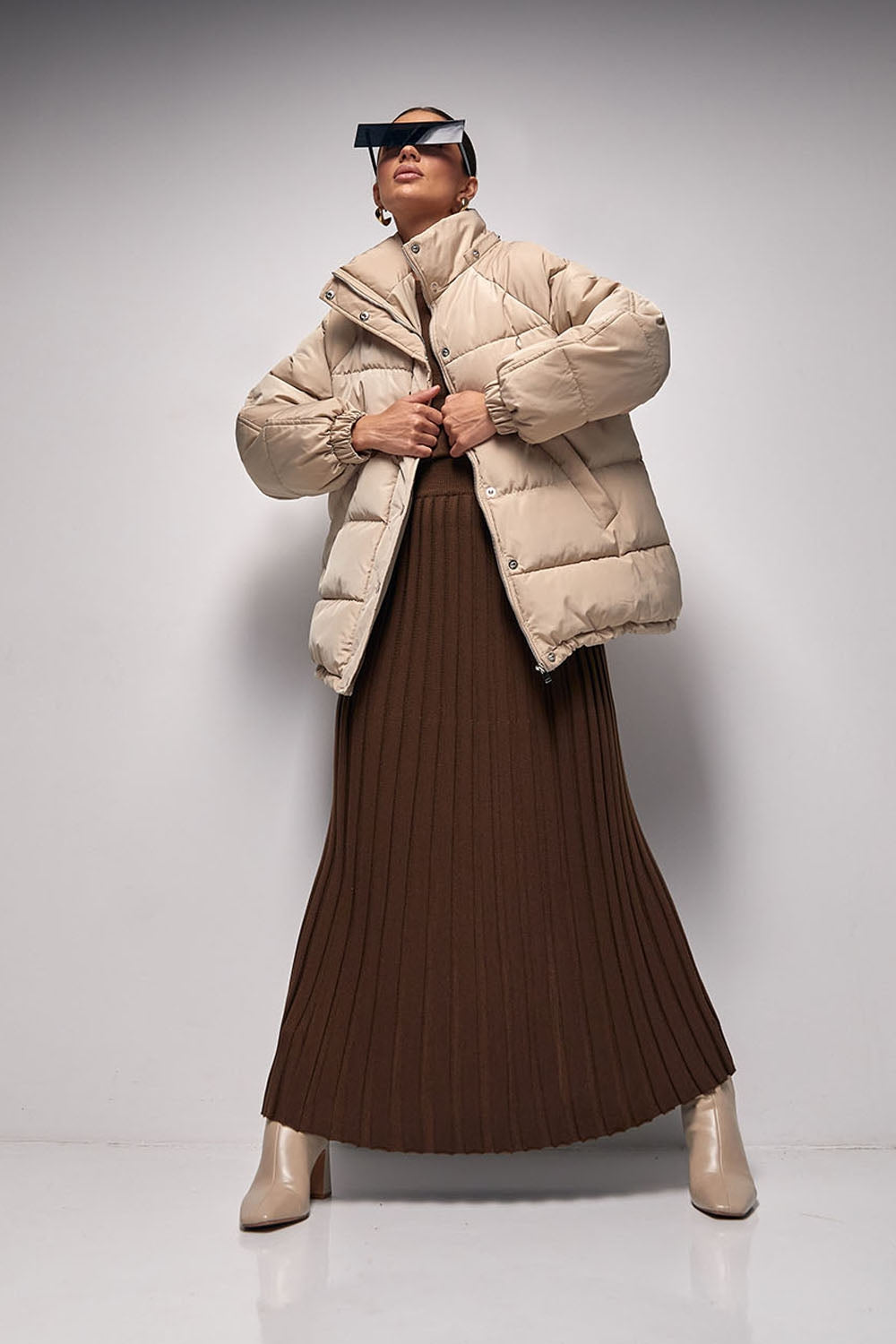 Cotton Knit Pleated Midi Skirt