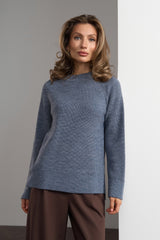Wool Textured Knit Crew Neck Sweater with Side Slits, Denim Blue