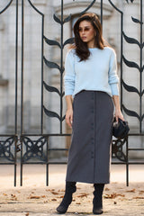 Women’s Wool Midi Skirt Button Front Straight Fit