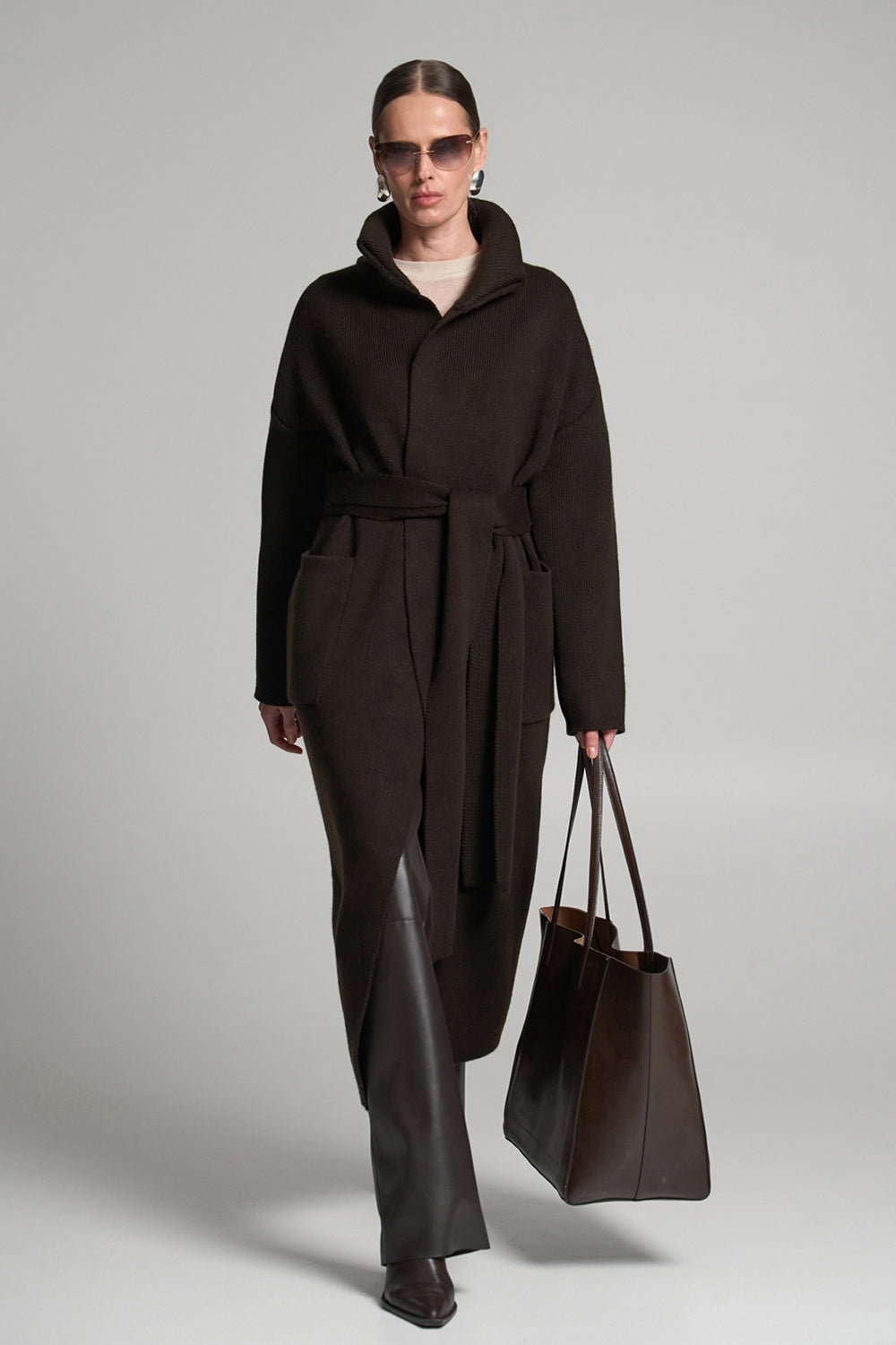 Wool Knit Wrap Coat with Belt and Double Collar