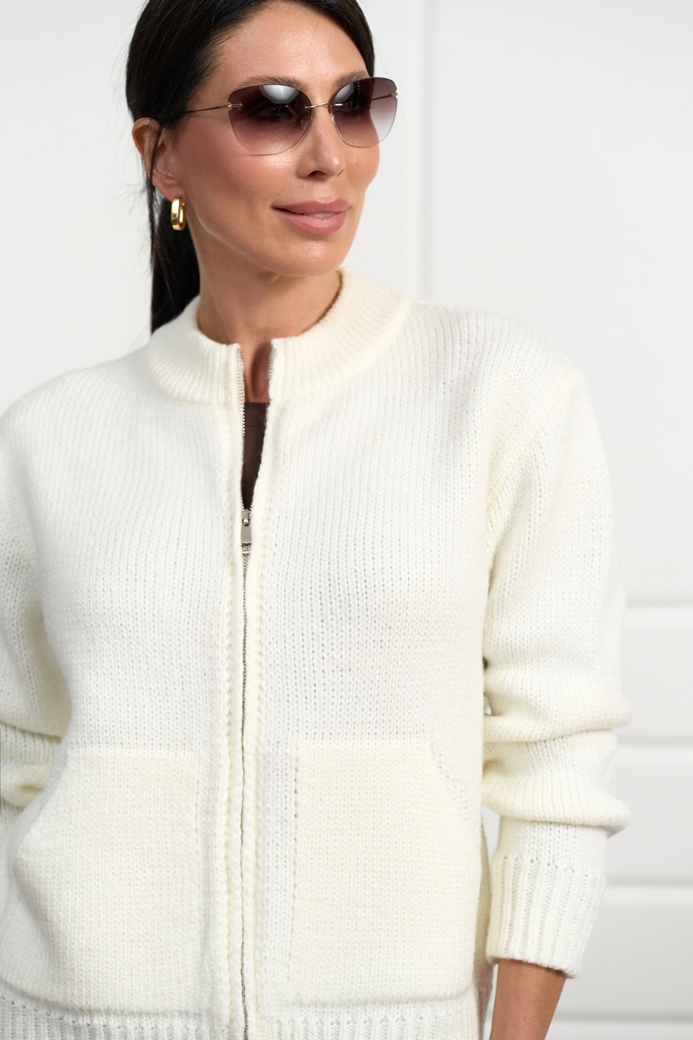 Wool Alpaca Zip Knit Cardigan with Stand Collar