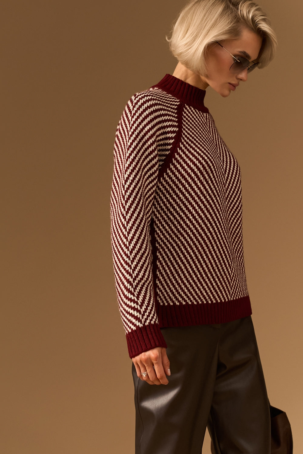 Women’s Wool Chevron Knit Raglan Sweater with Stand Collar