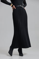Cotton A-Line Pleated Knit Skirt, Black