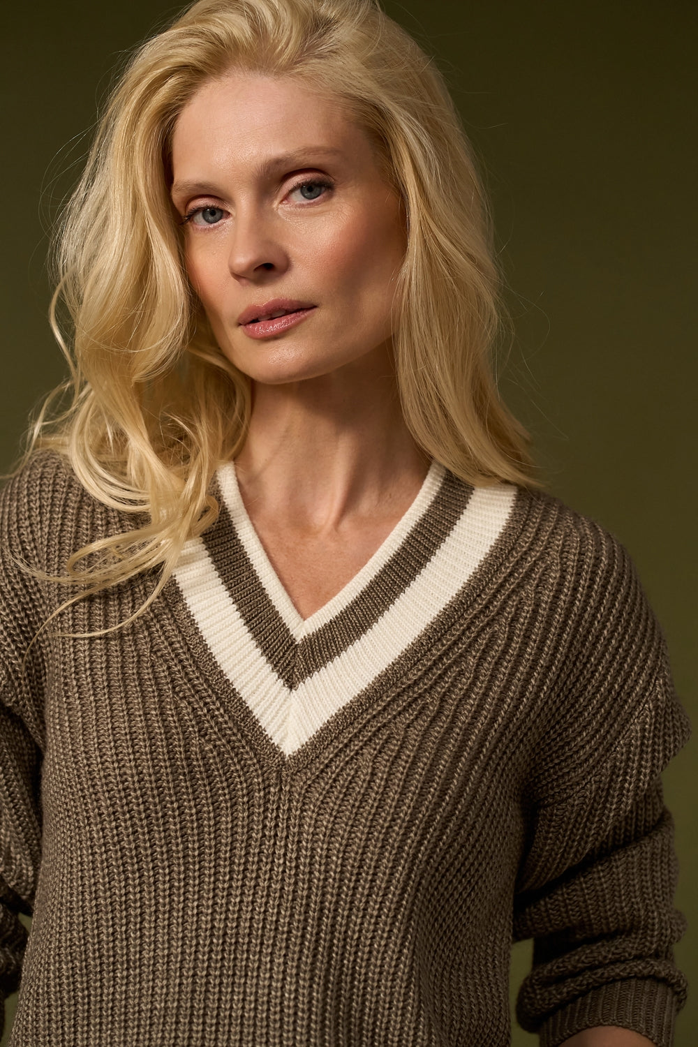 Wool Textured Knit V Neck Sweater with Dropped Shoulders
